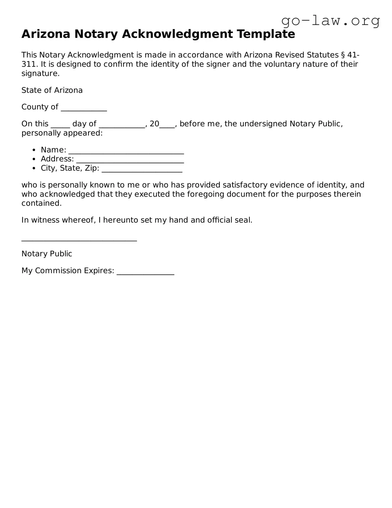 Fillable Arizona Notary Acknowledgement Form