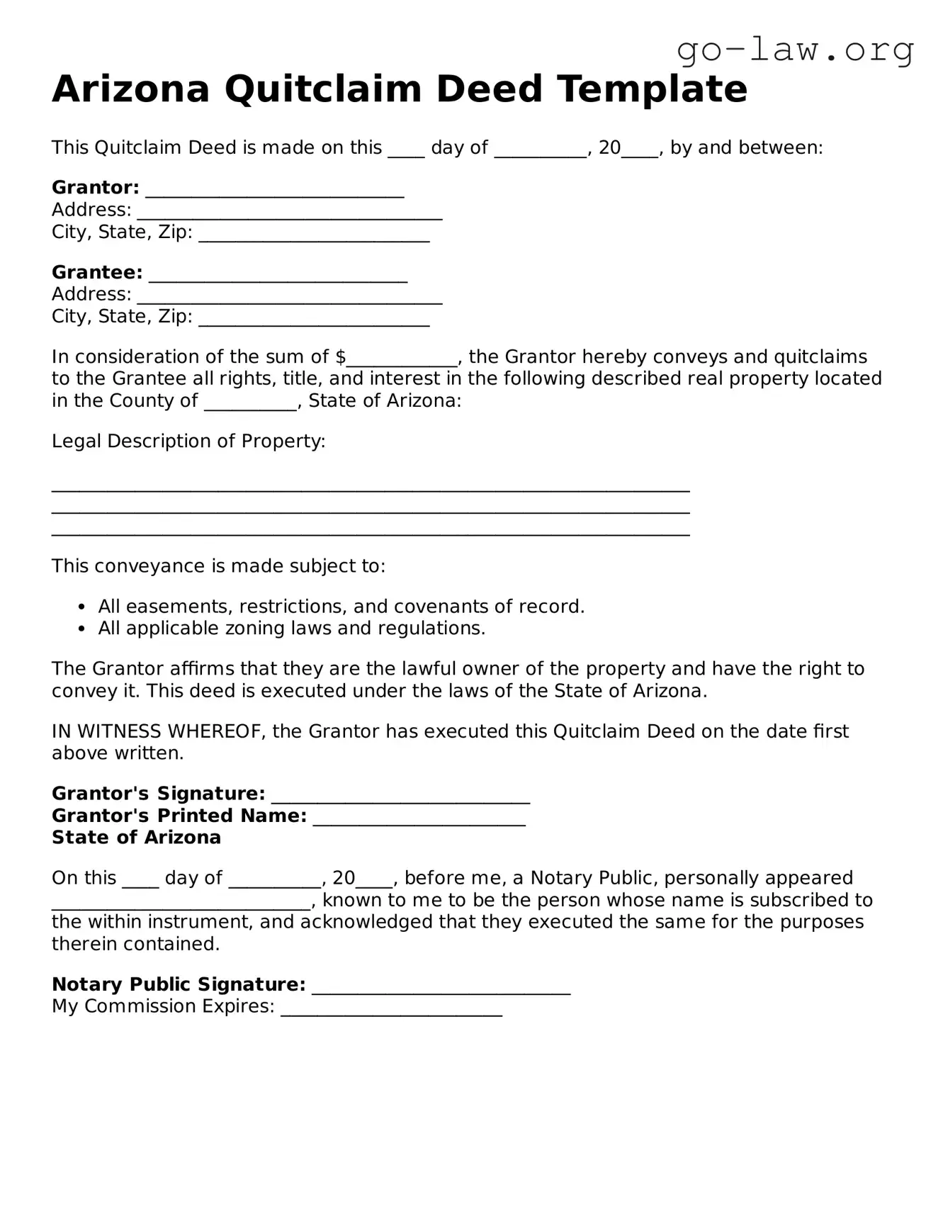 Fillable Arizona Quitclaim Deed Form