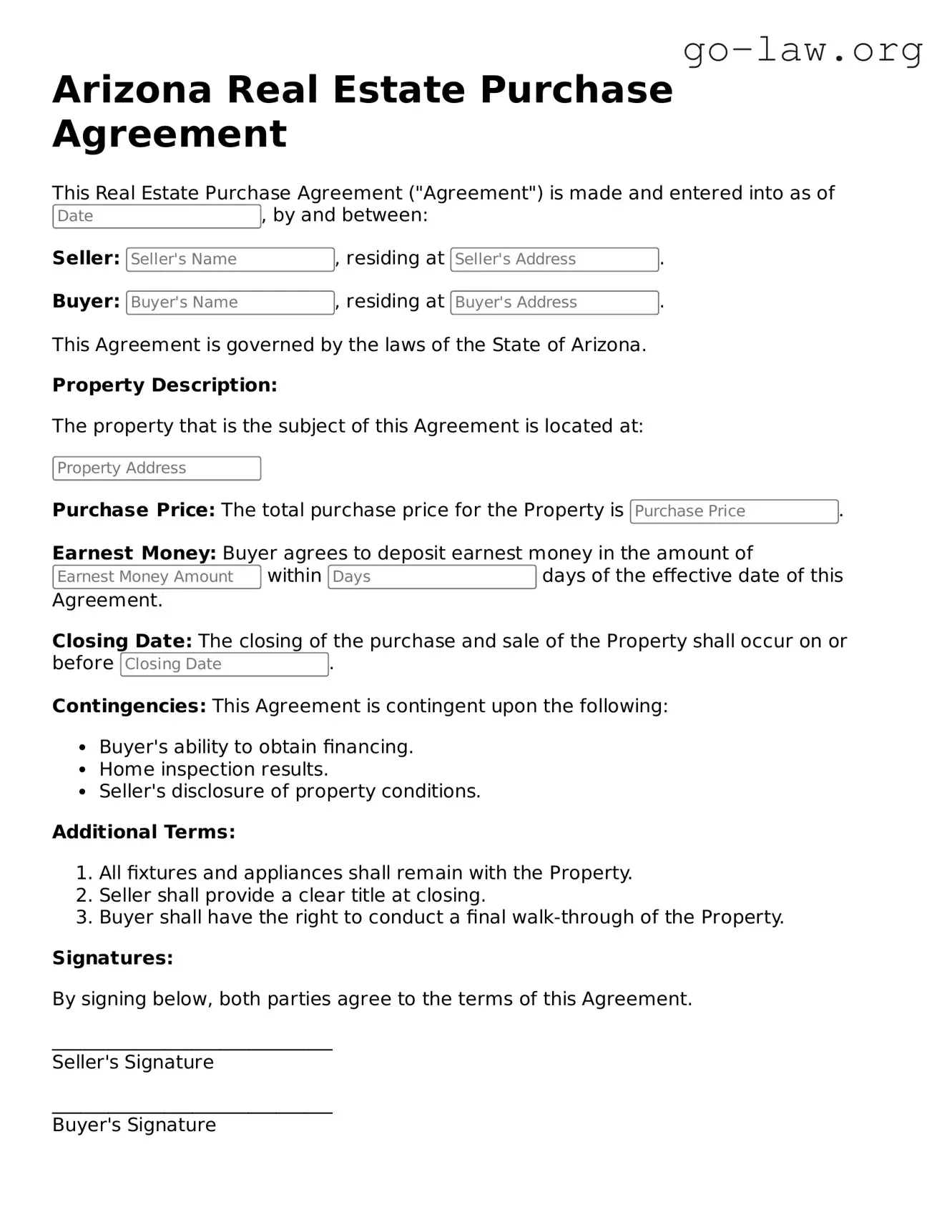 Fillable Arizona Real Estate Purchase Agreement Form