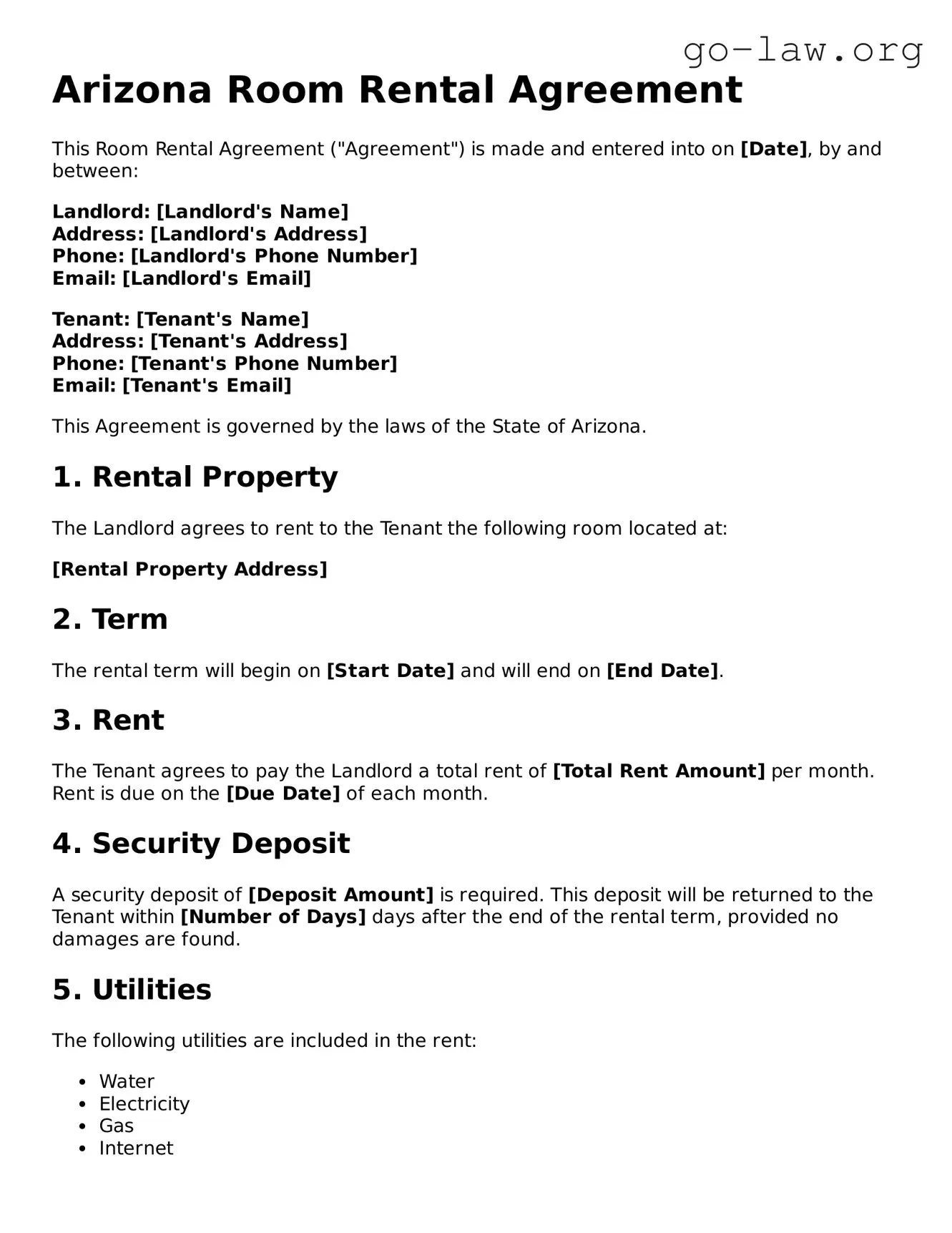 Fillable Arizona Room Rental Agreement Form