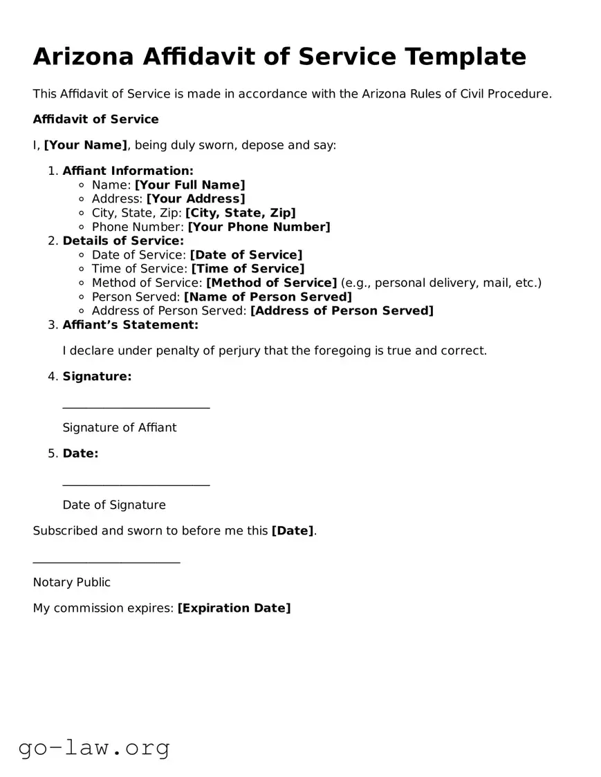 Fillable Arizona Affidavit of Service Form