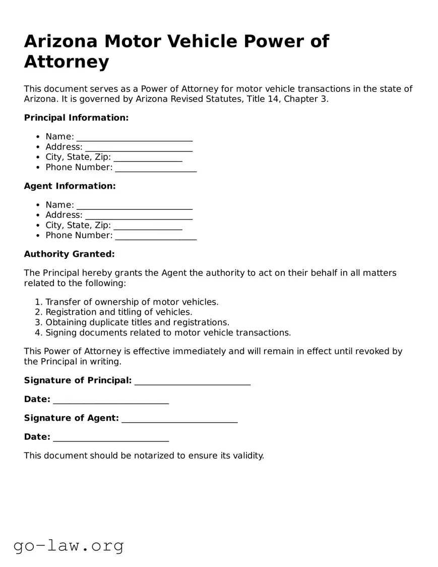 Fillable Arizona Motor Vehicle Power of Attorney Form