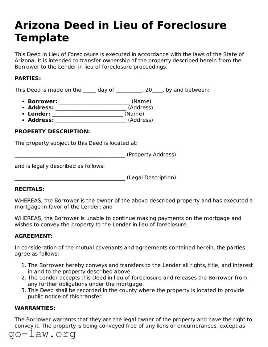 Fillable Arizona Deed in Lieu of Foreclosure Form
