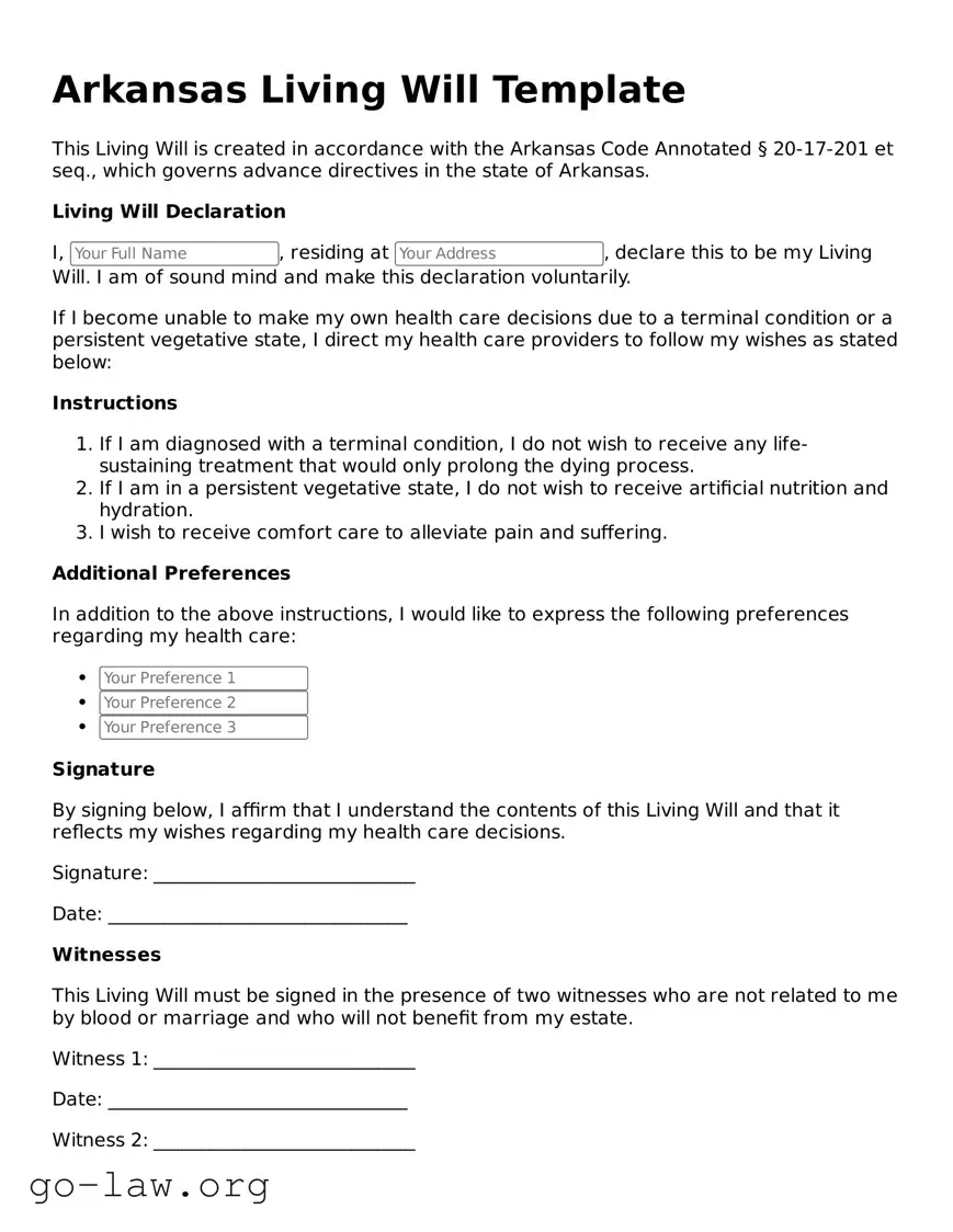 Fillable Arkansas Living Will Form