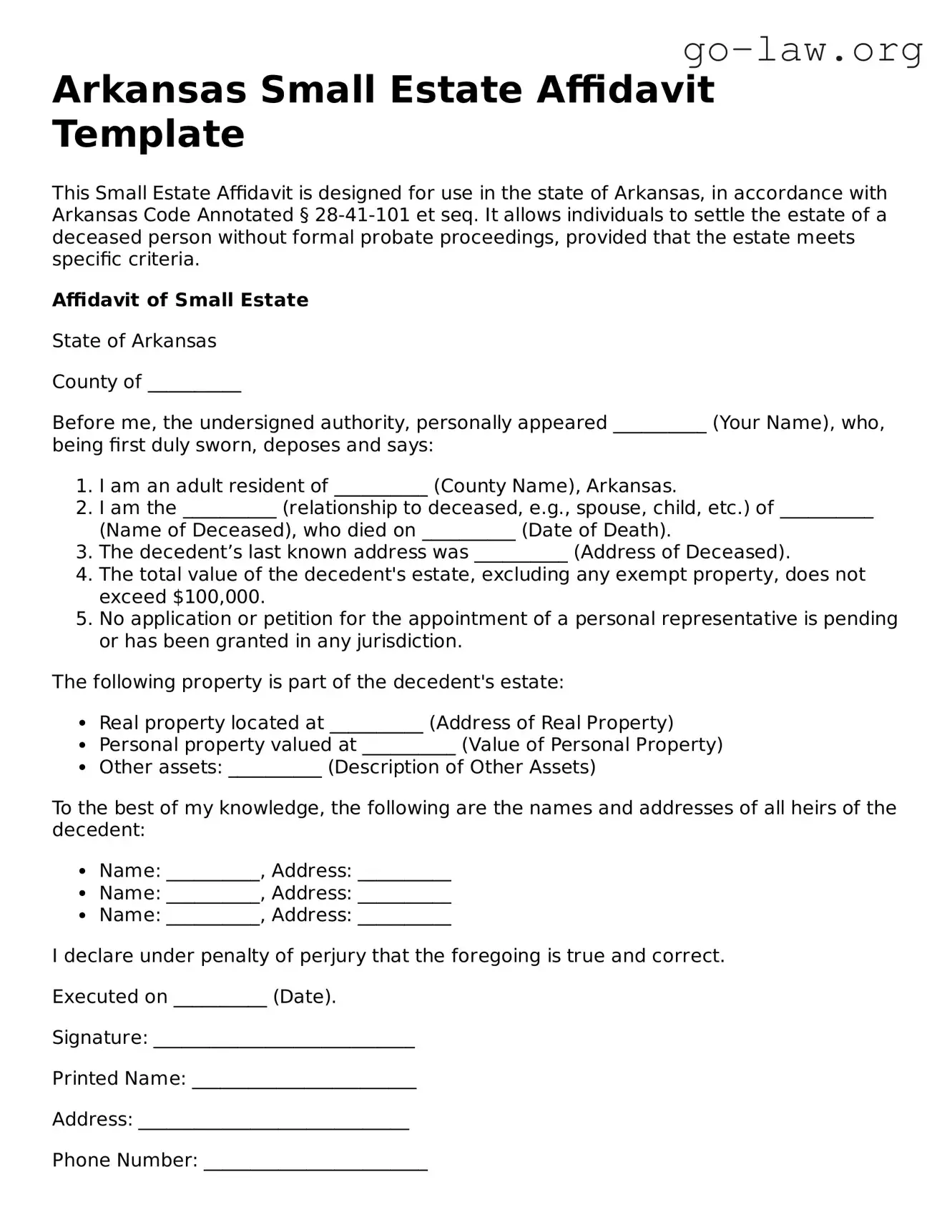 Fillable Arkansas Small Estate Affidavit Form