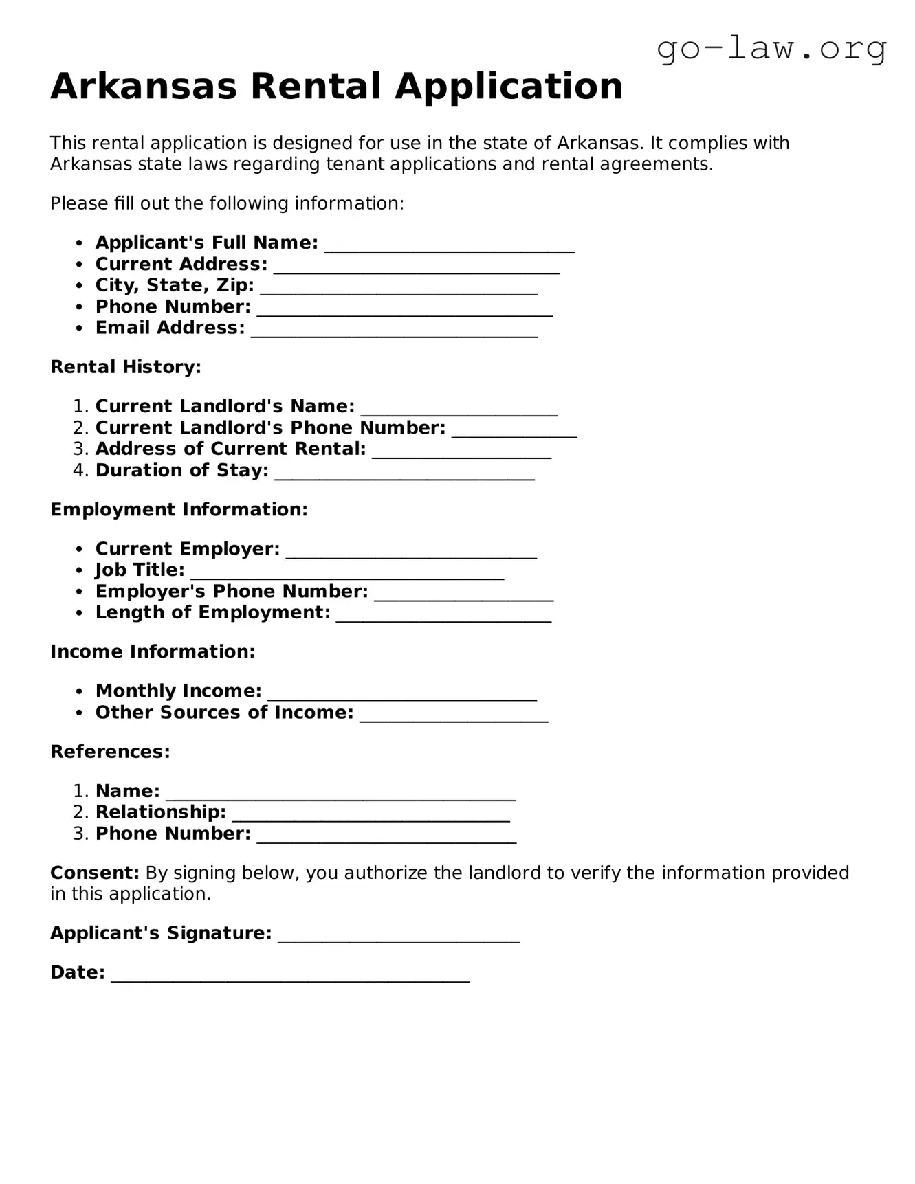 Fillable Arkansas Rental Application Form