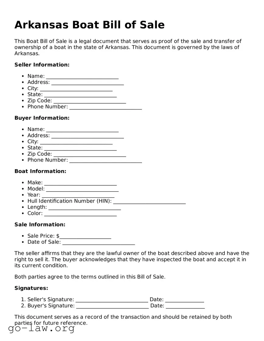 Fillable Arkansas Boat Bill of Sale Form