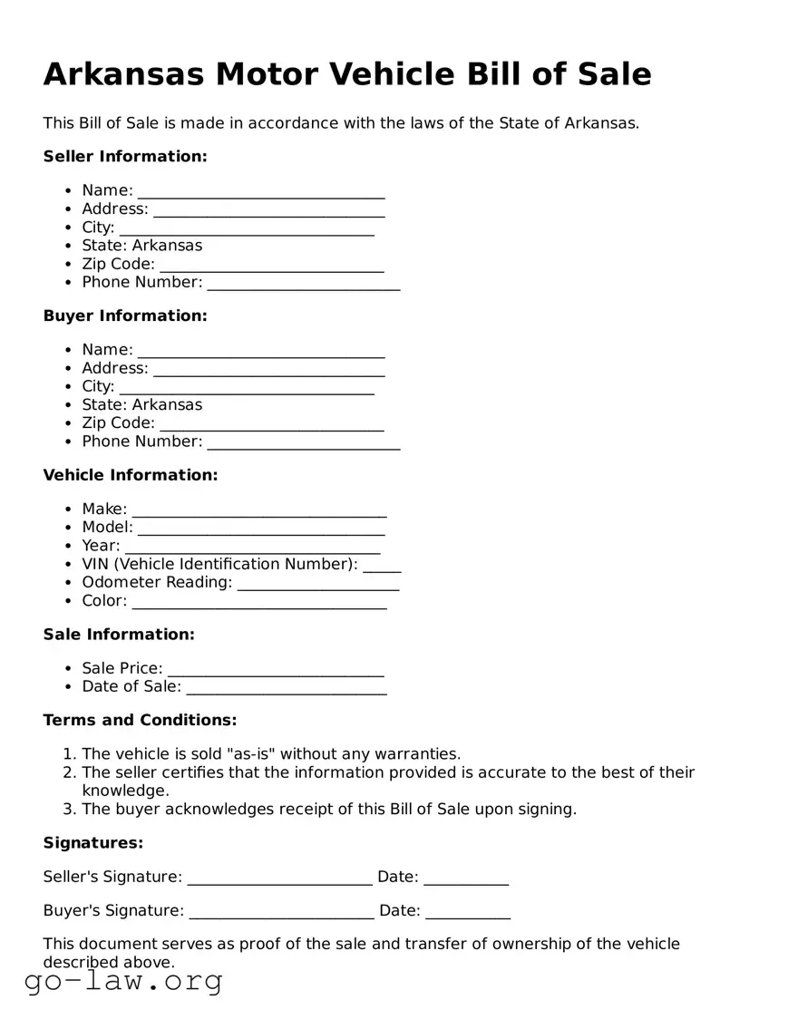 Fillable Arkansas Motor Vehicle Bill of Sale Form