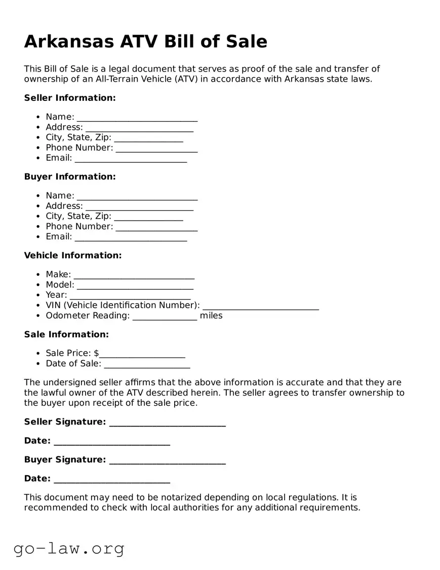 Fillable Arkansas ATV Bill of Sale Form
