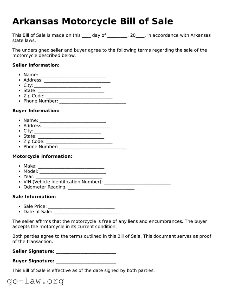 Fillable Arkansas Motorcycle Bill of Sale Form