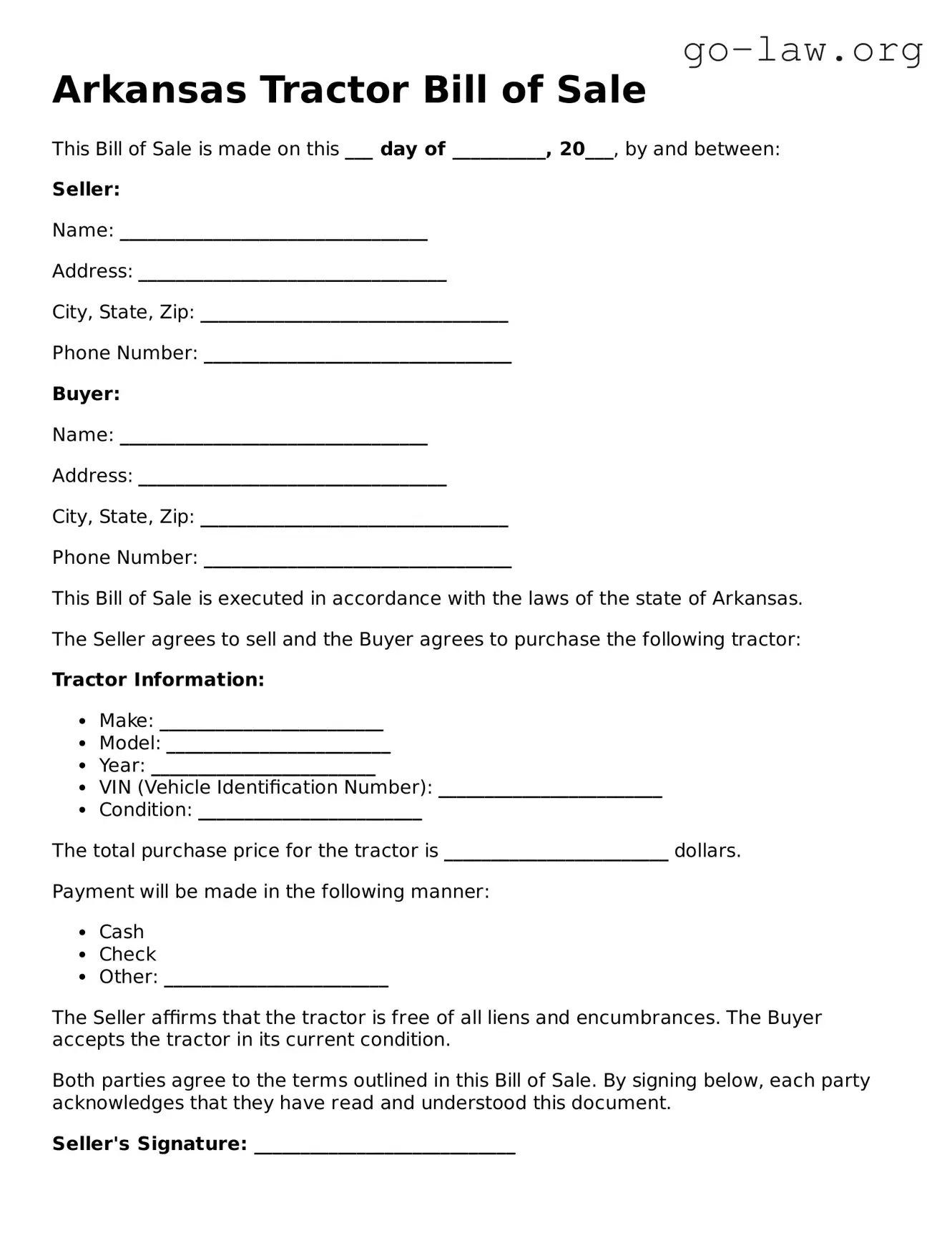 Fillable Arkansas Tractor Bill of Sale Form