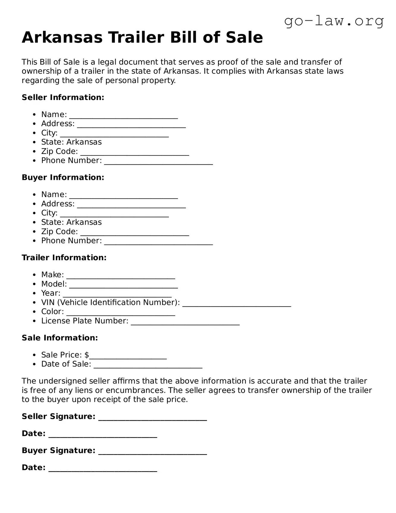 Fillable Arkansas Trailer Bill of Sale Form