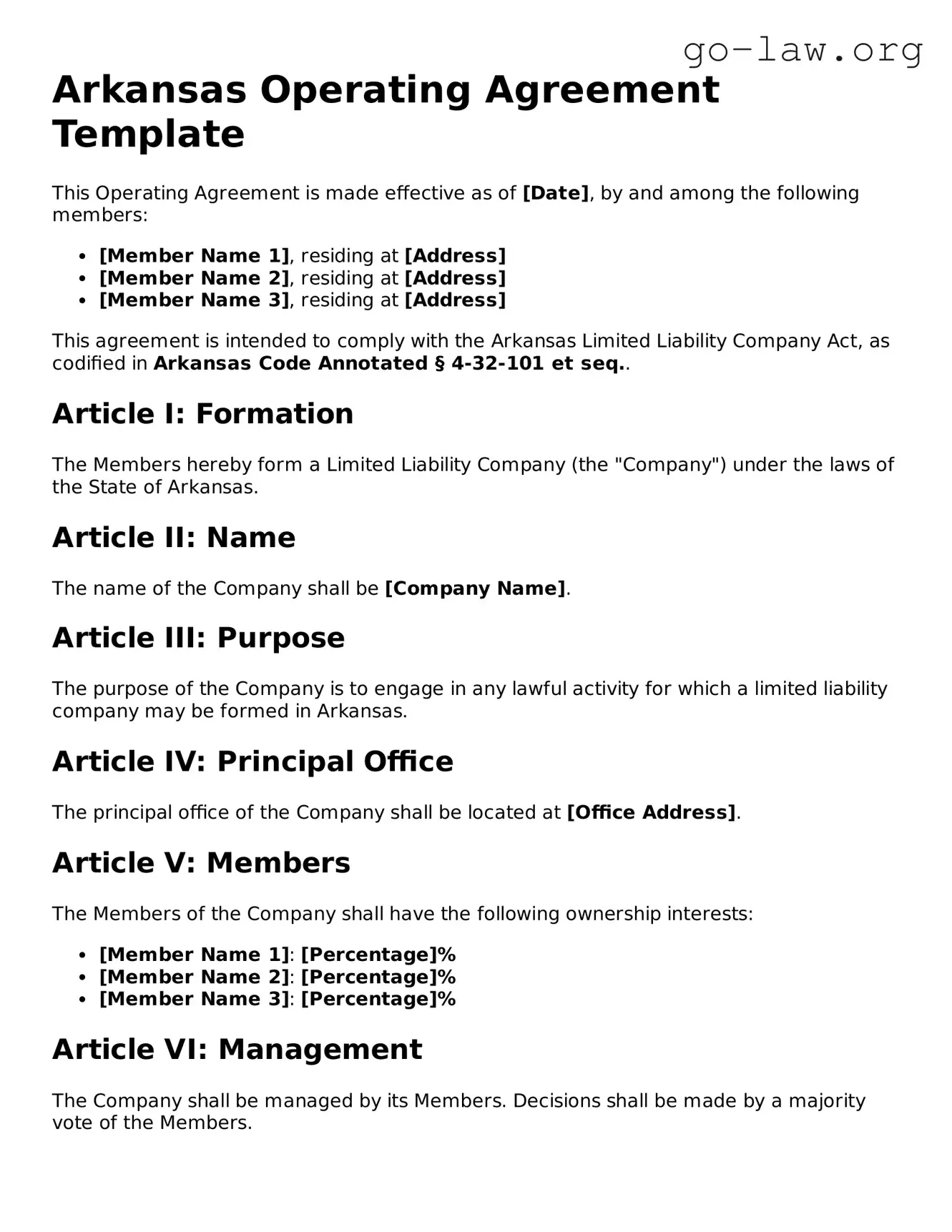 Fillable Arkansas Operating Agreement Form