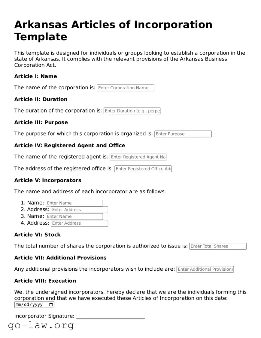 Fillable Arkansas Articles of Incorporation Form