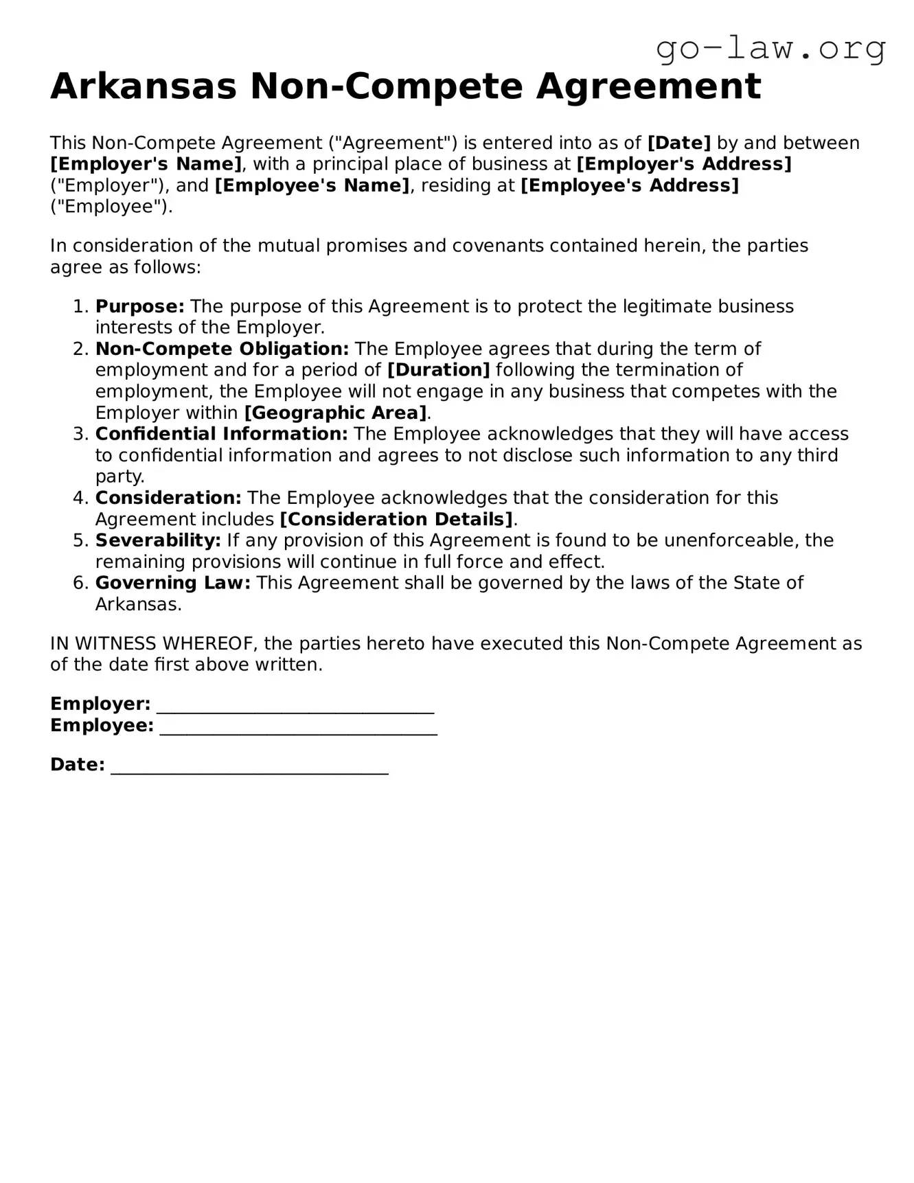 Fillable Arkansas Non-compete Agreement Form