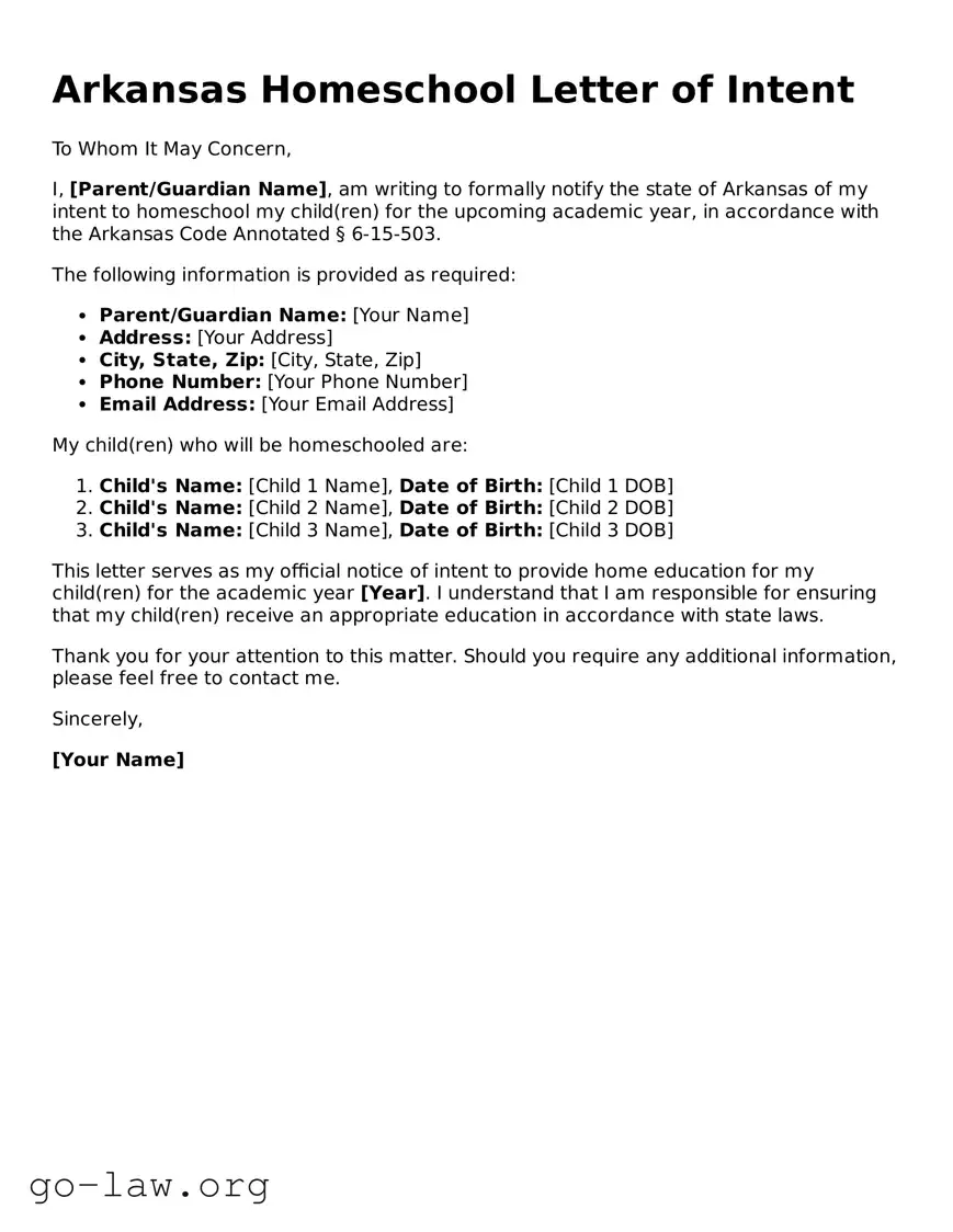 Fillable Arkansas Homeschool Letter of Intent Form