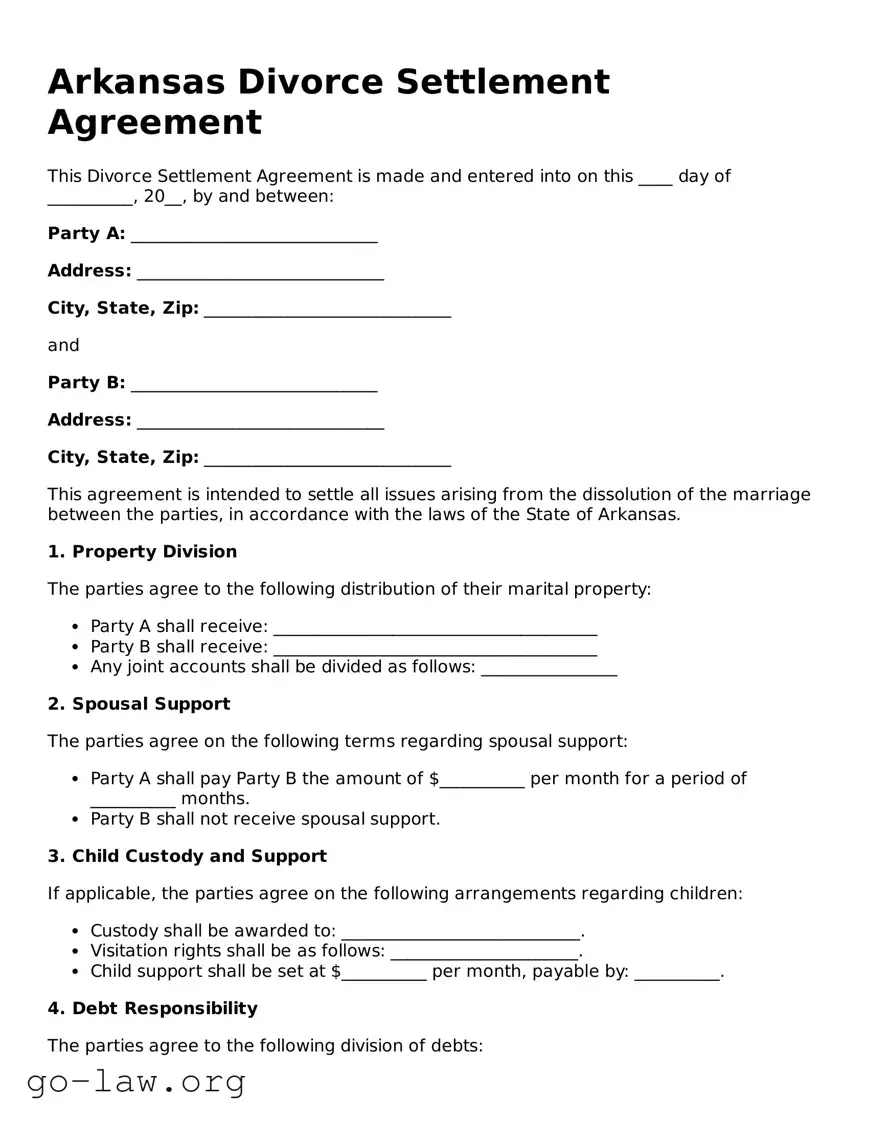 Fillable Arkansas Divorce Settlement Agreement Form