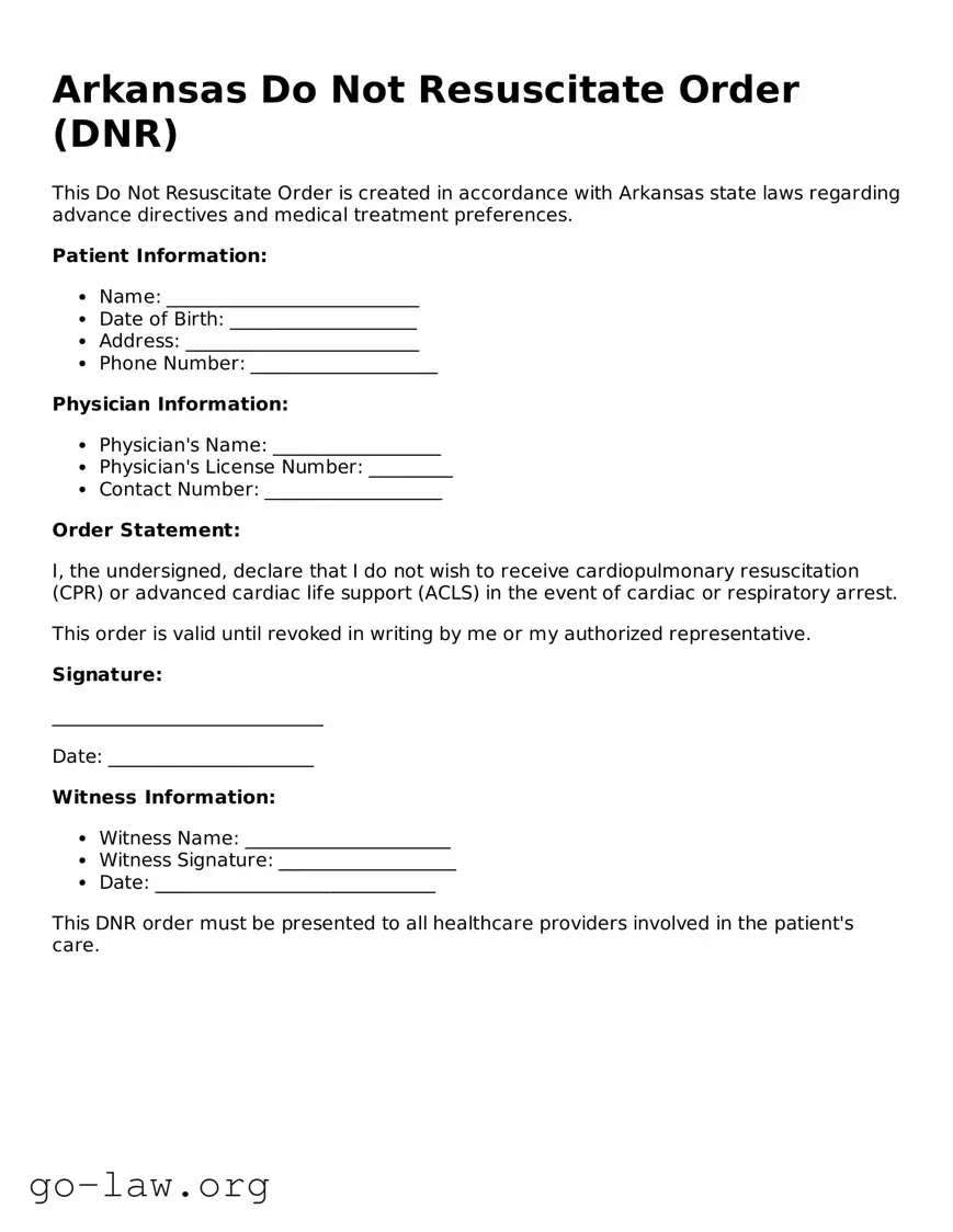 Fillable Arkansas Do Not Resuscitate Order Form