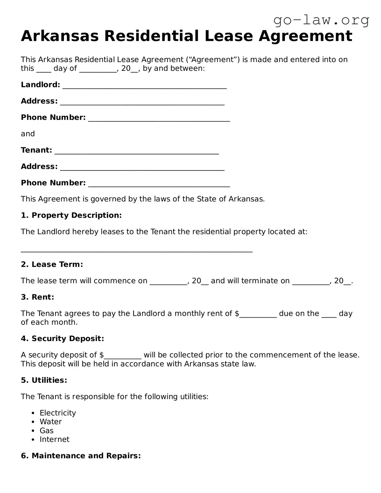 Fillable Arkansas Residential Lease Agreement Form