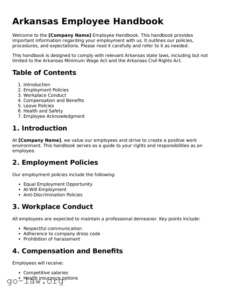 Fillable Arkansas Employee Handbook Form