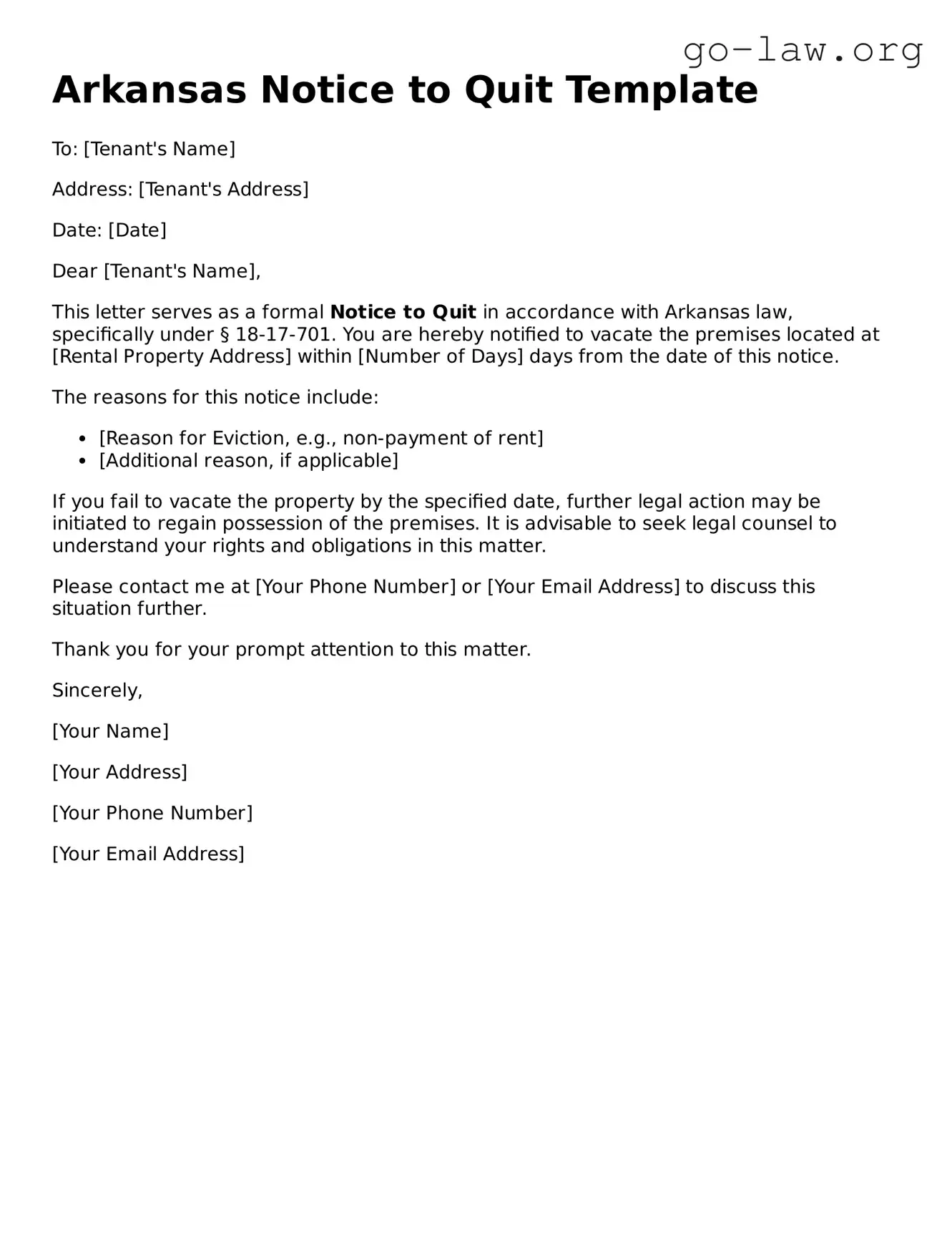 Fillable Arkansas Notice to Quit Form