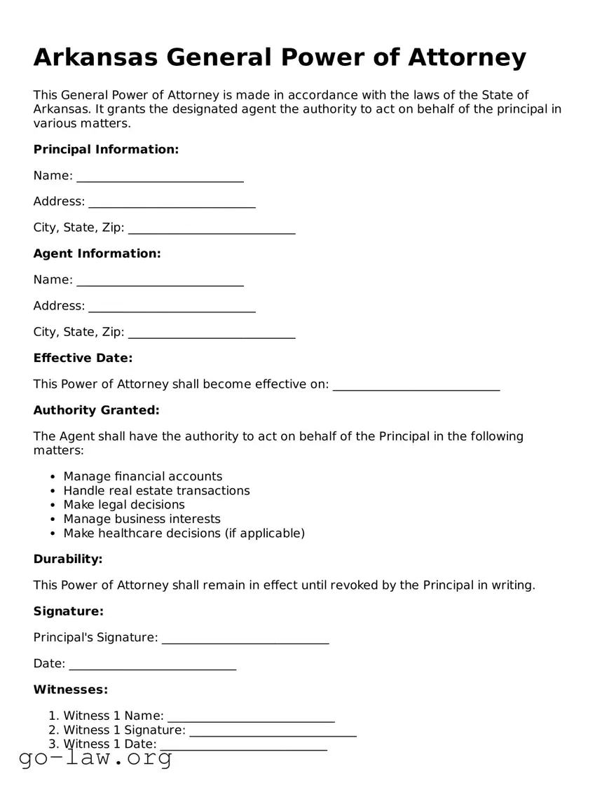 Fillable Arkansas General Power of Attorney Form