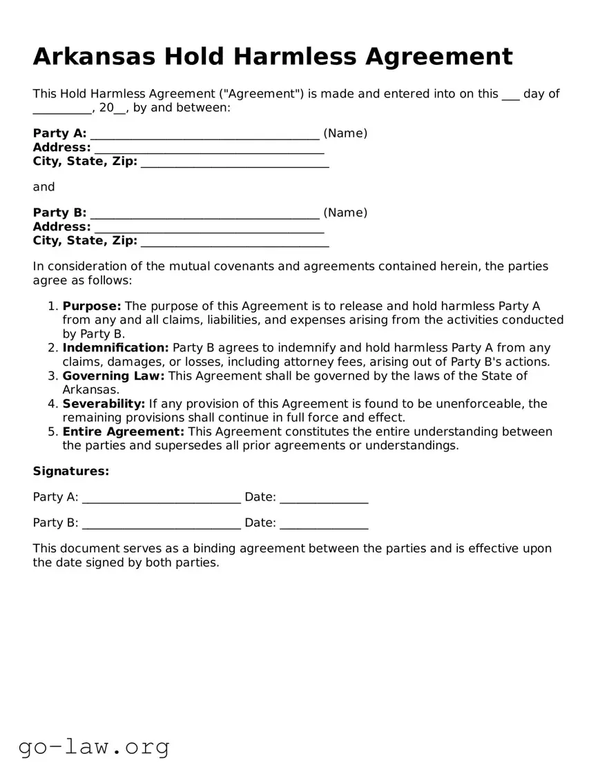 Fillable Arkansas Hold Harmless Agreement Form