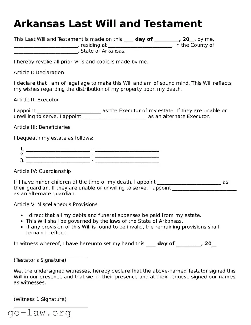 Fillable Arkansas Last Will and Testament Form