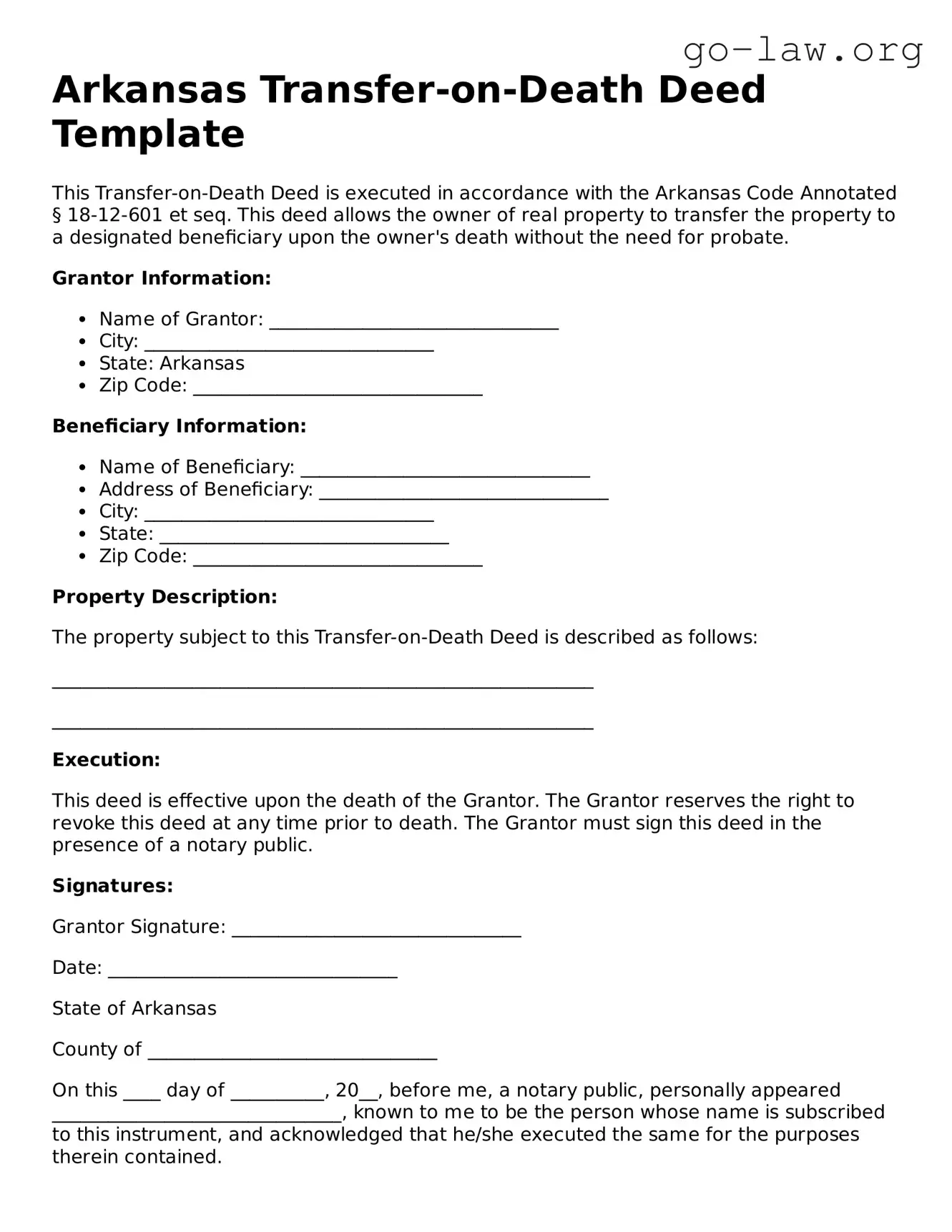 Fillable Arkansas Transfer-on-Death Deed Form