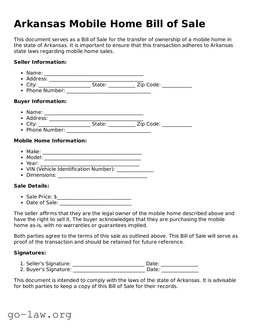 Fillable Arkansas Mobile Home Bill of Sale Form
