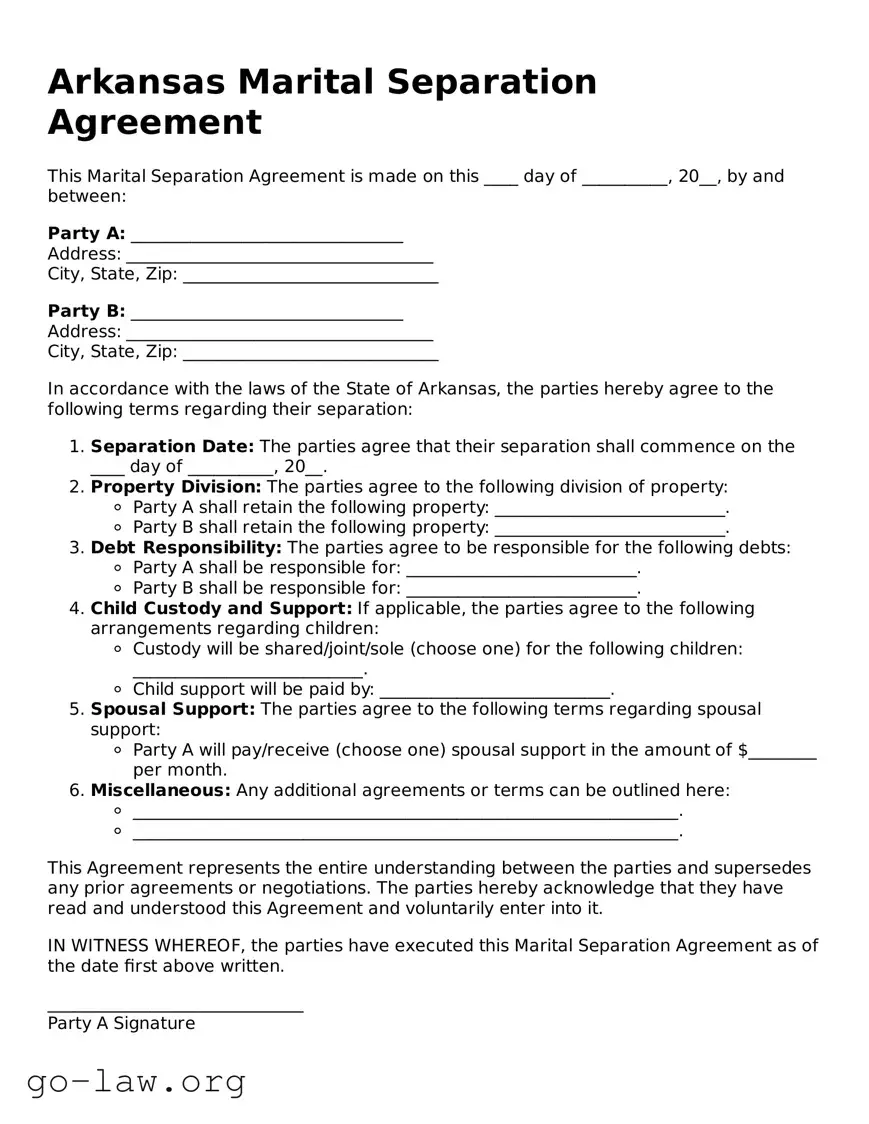 Fillable Arkansas Marital Separation Agreement Form