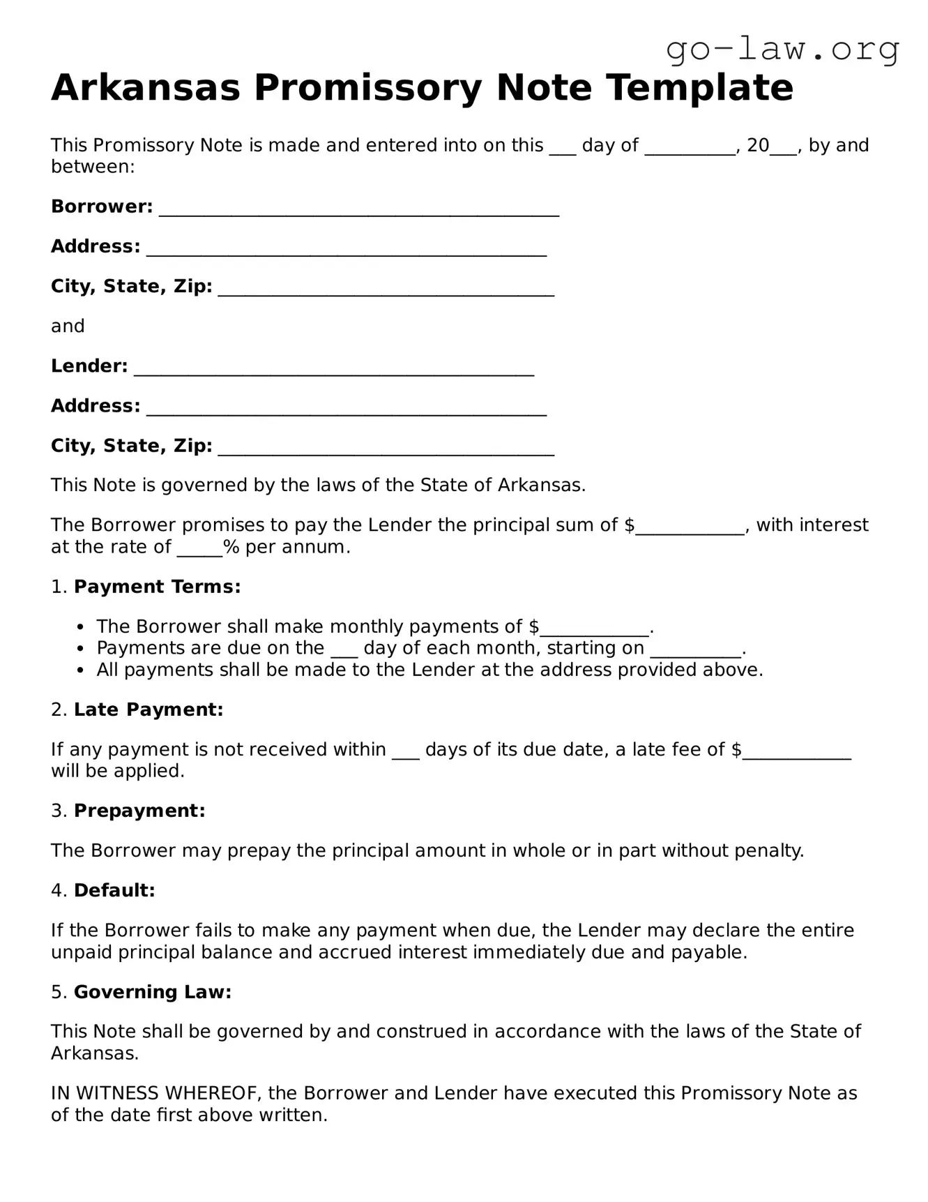 Fillable Arkansas Promissory Note Form