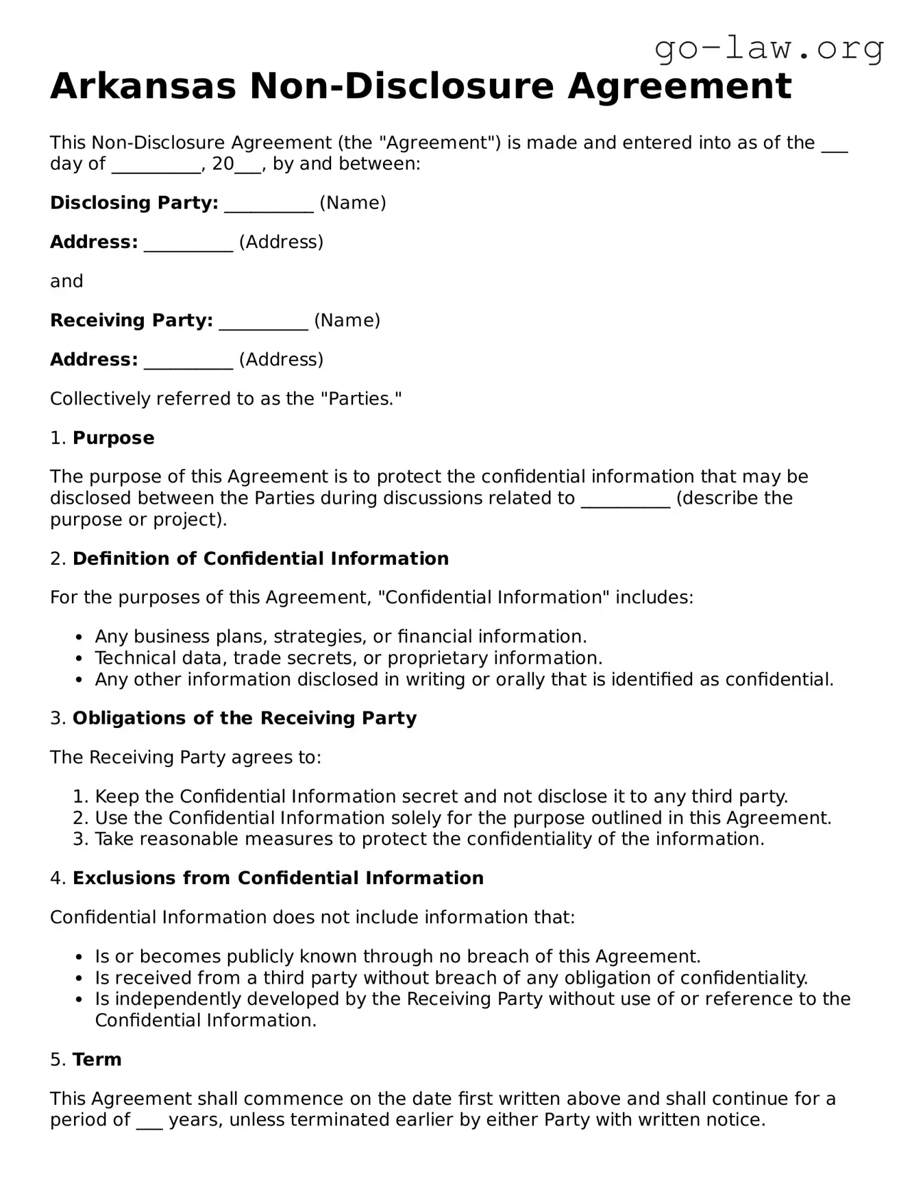 Fillable Arkansas Non-disclosure Agreement Form