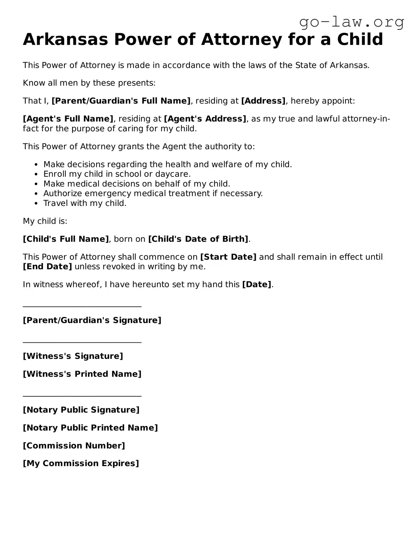 Fillable Arkansas Power of Attorney for a Child Form