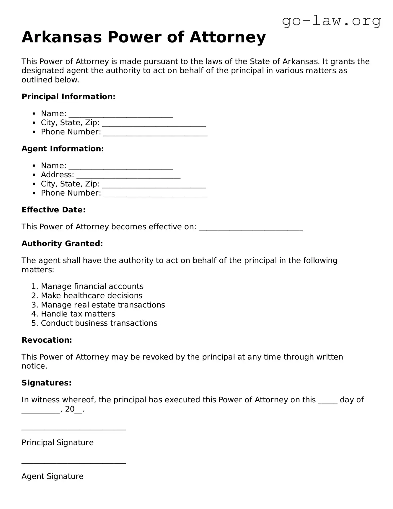 Fillable Arkansas Power of Attorney Form