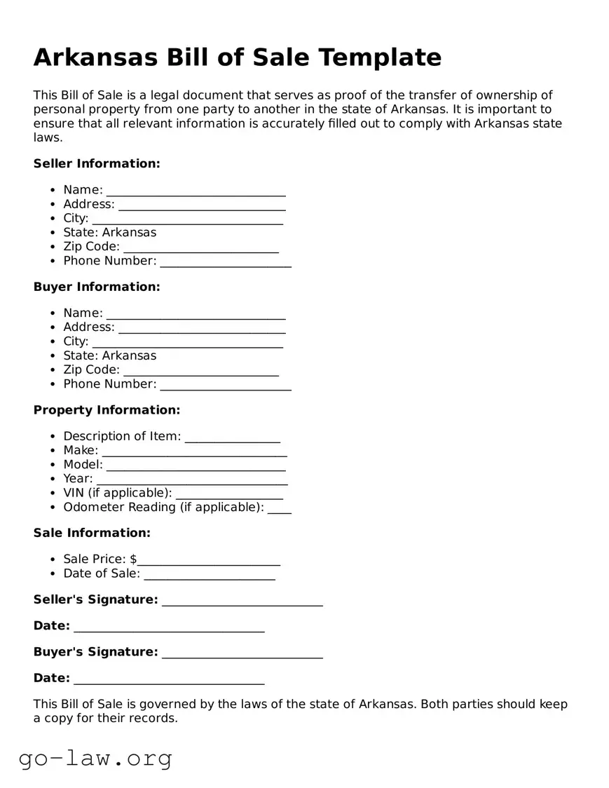 Fillable Arkansas Bill of Sale Form