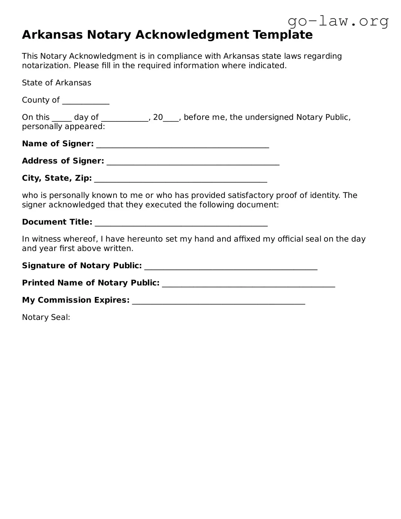 Fillable Arkansas Notary Acknowledgement Form