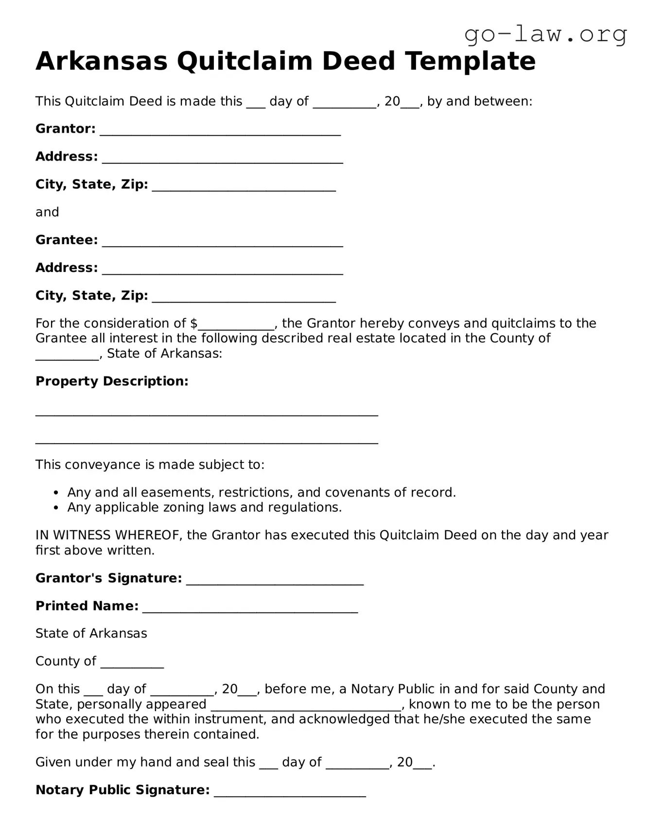 Fillable Arkansas Quitclaim Deed Form