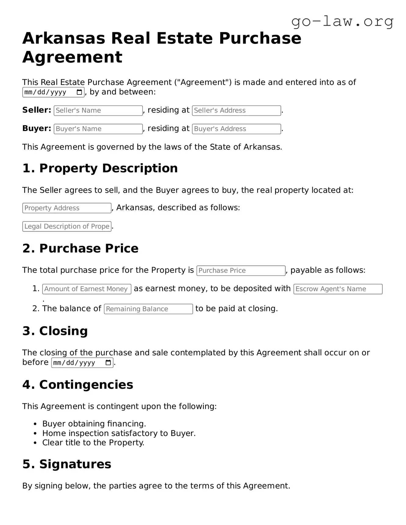 Fillable Arkansas Real Estate Purchase Agreement Form