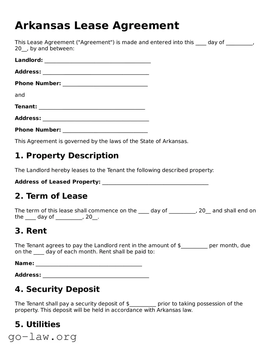 Fillable Arkansas Lease Agreement Form