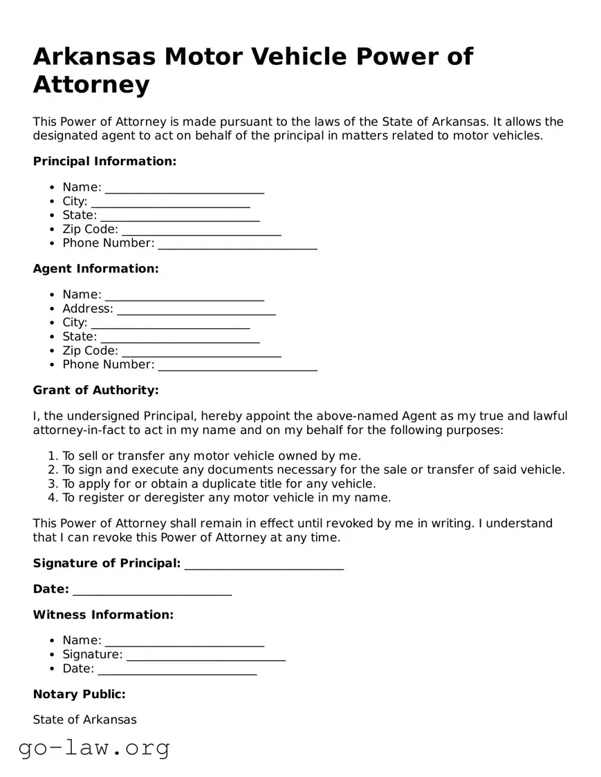 Fillable Arkansas Motor Vehicle Power of Attorney Form