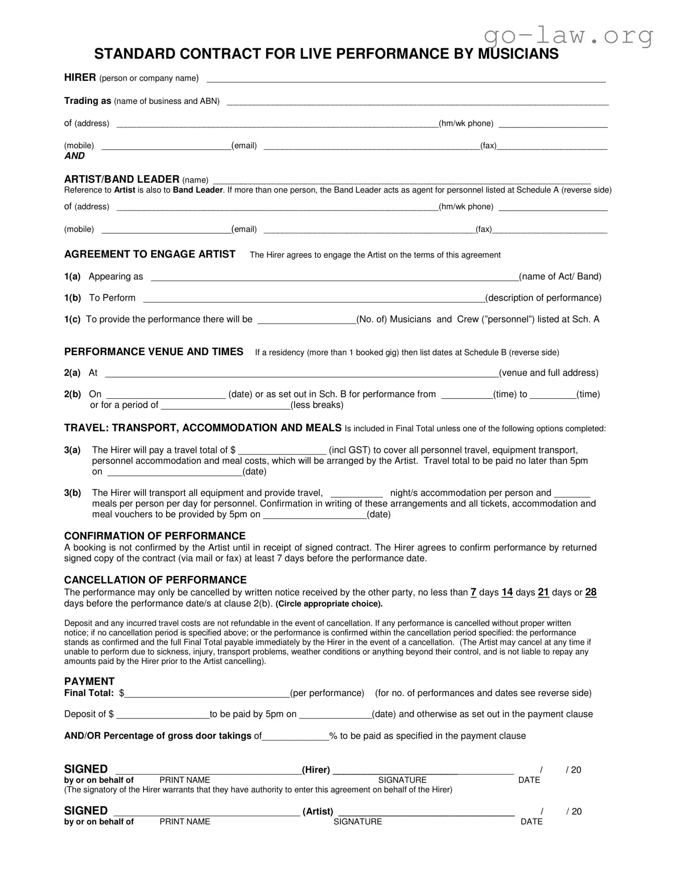 Download Live Performance Contract Form in PDF