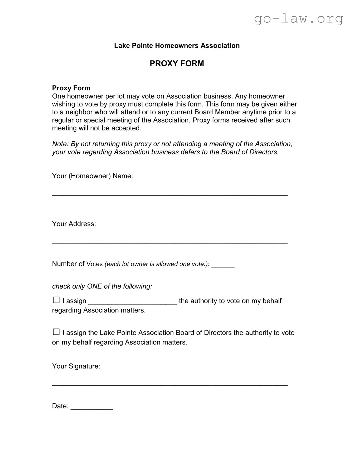 Download Homeowners Association Proxy Form in PDF