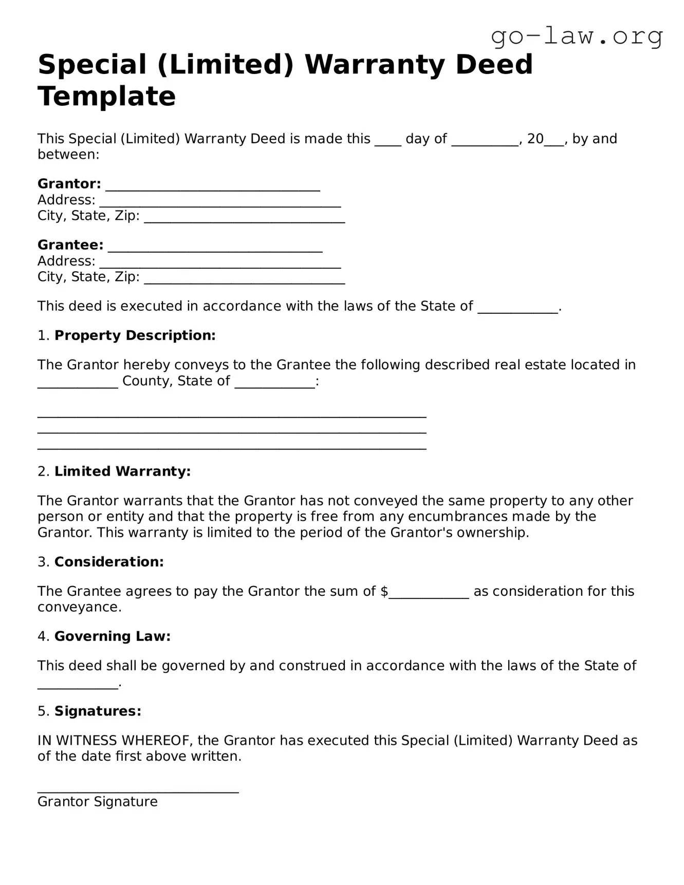 Blank Special (Limited) Warranty Deed Template