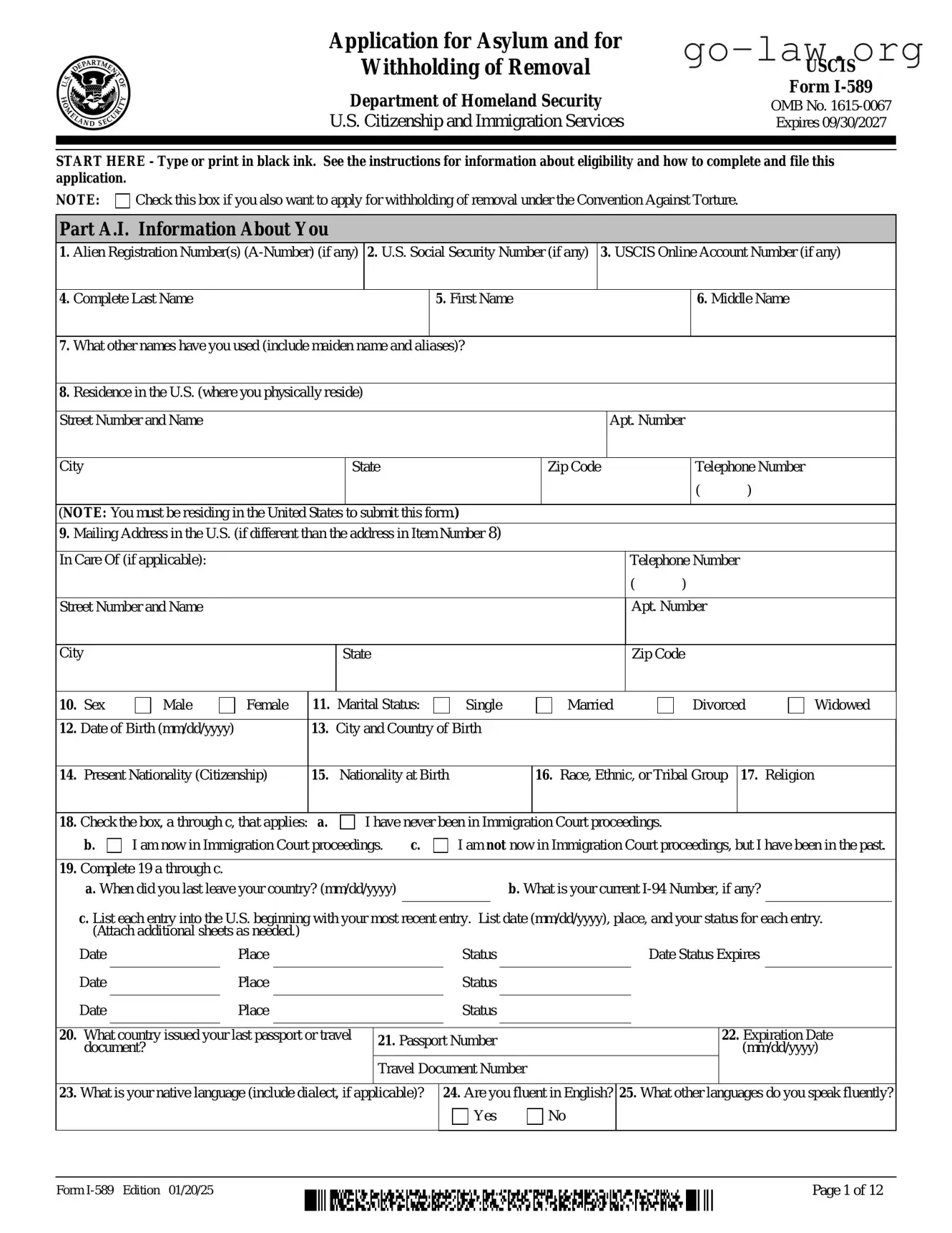 Download USCIS I-589 Form in PDF