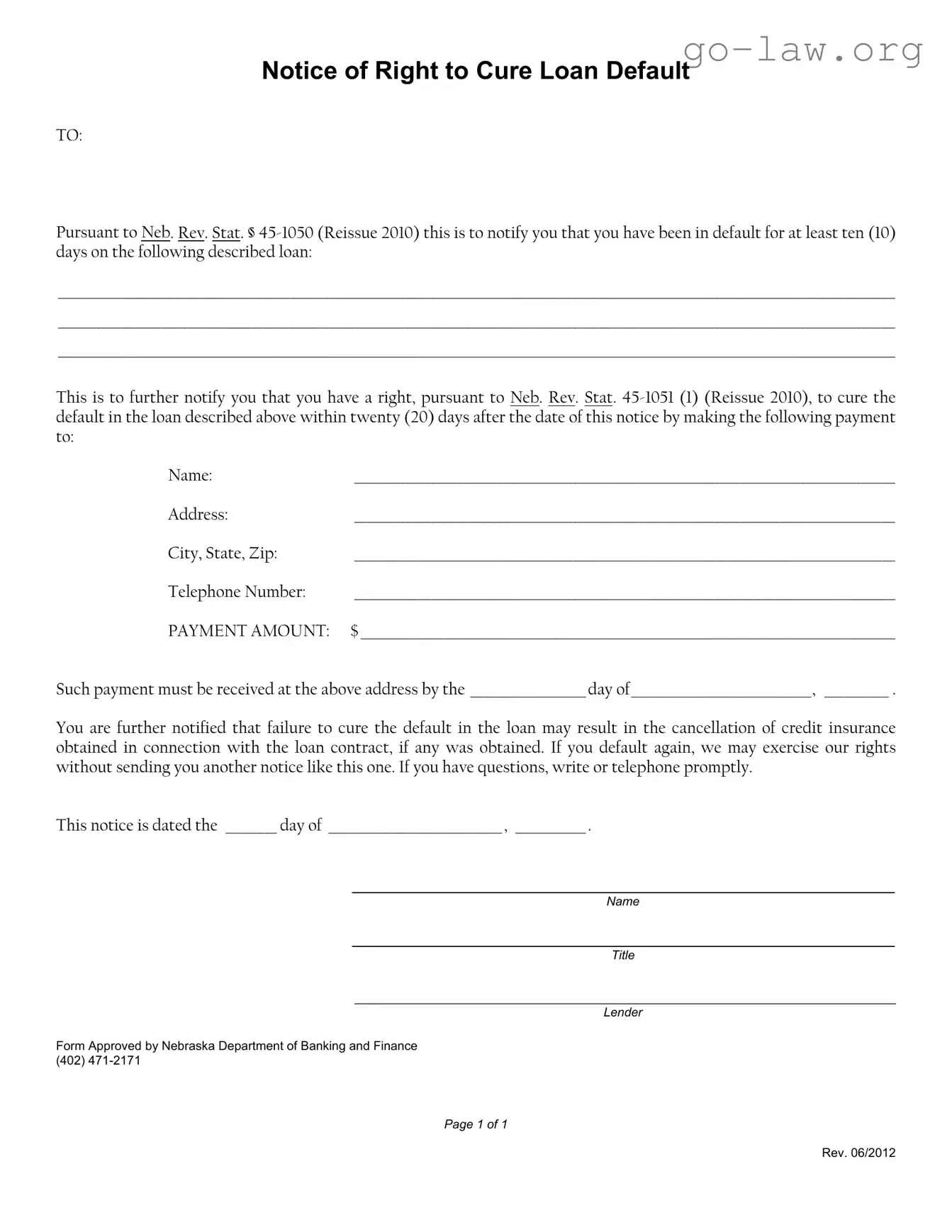 Download Notice Of Right To Cure Auto Loan Letter Form in PDF