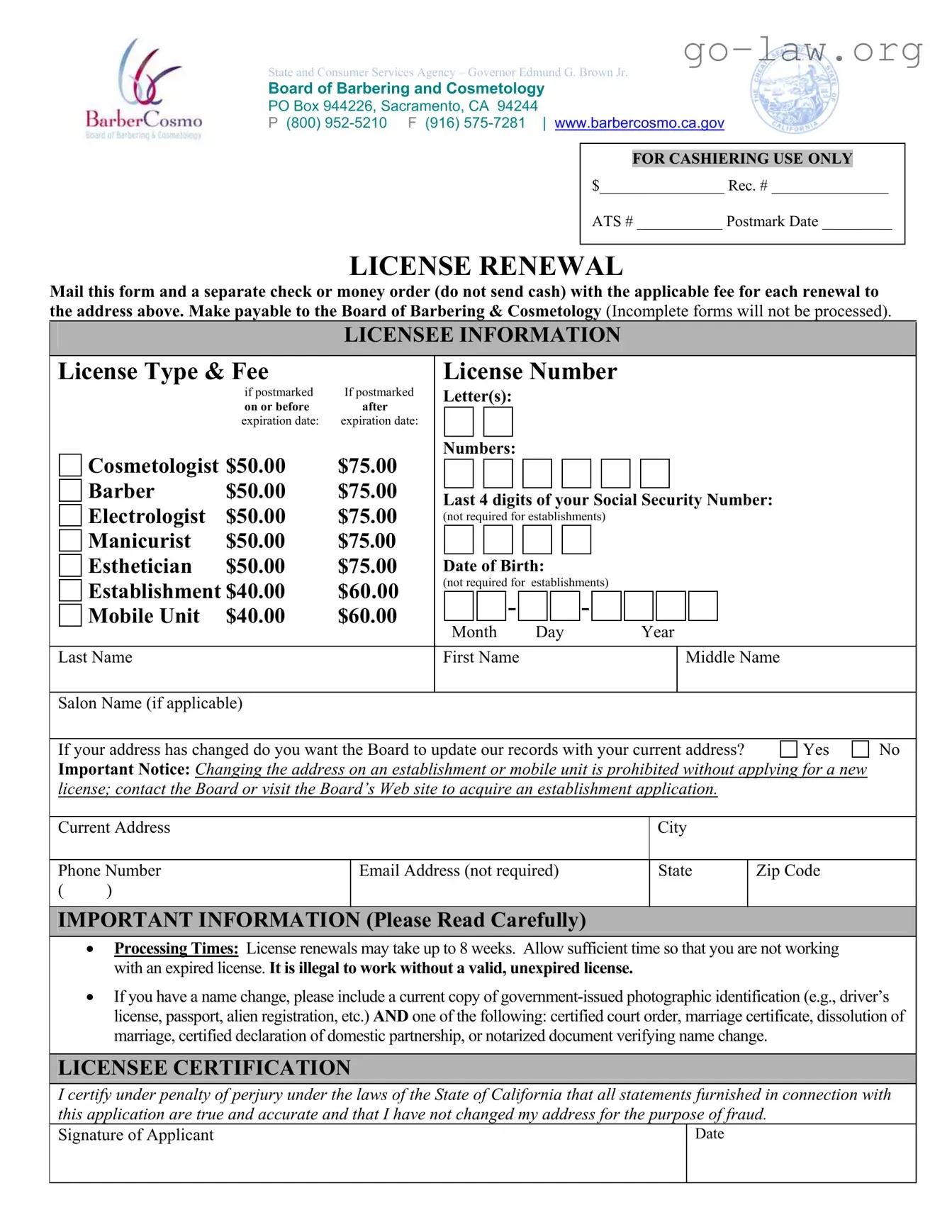 Download Cosmetology License Renewal California Form in PDF