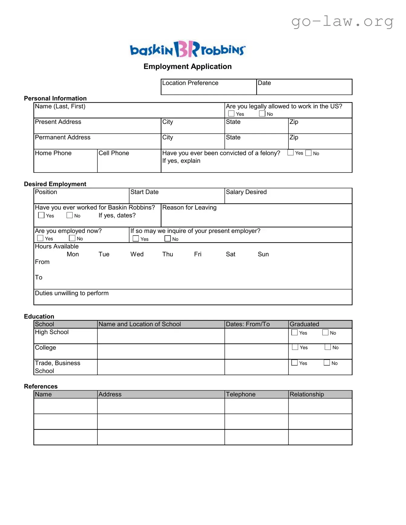Download Baskin Robbins Job Form in PDF