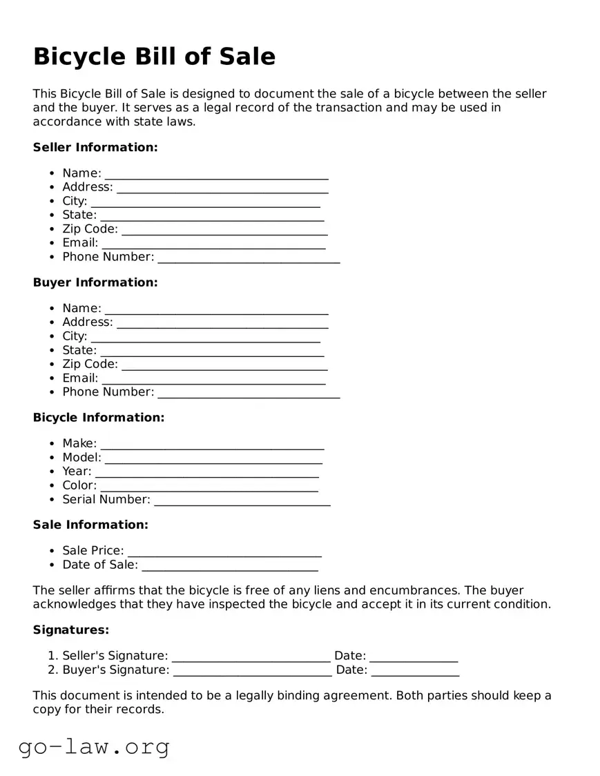 Blank Bicycle Bill of Sale Template
