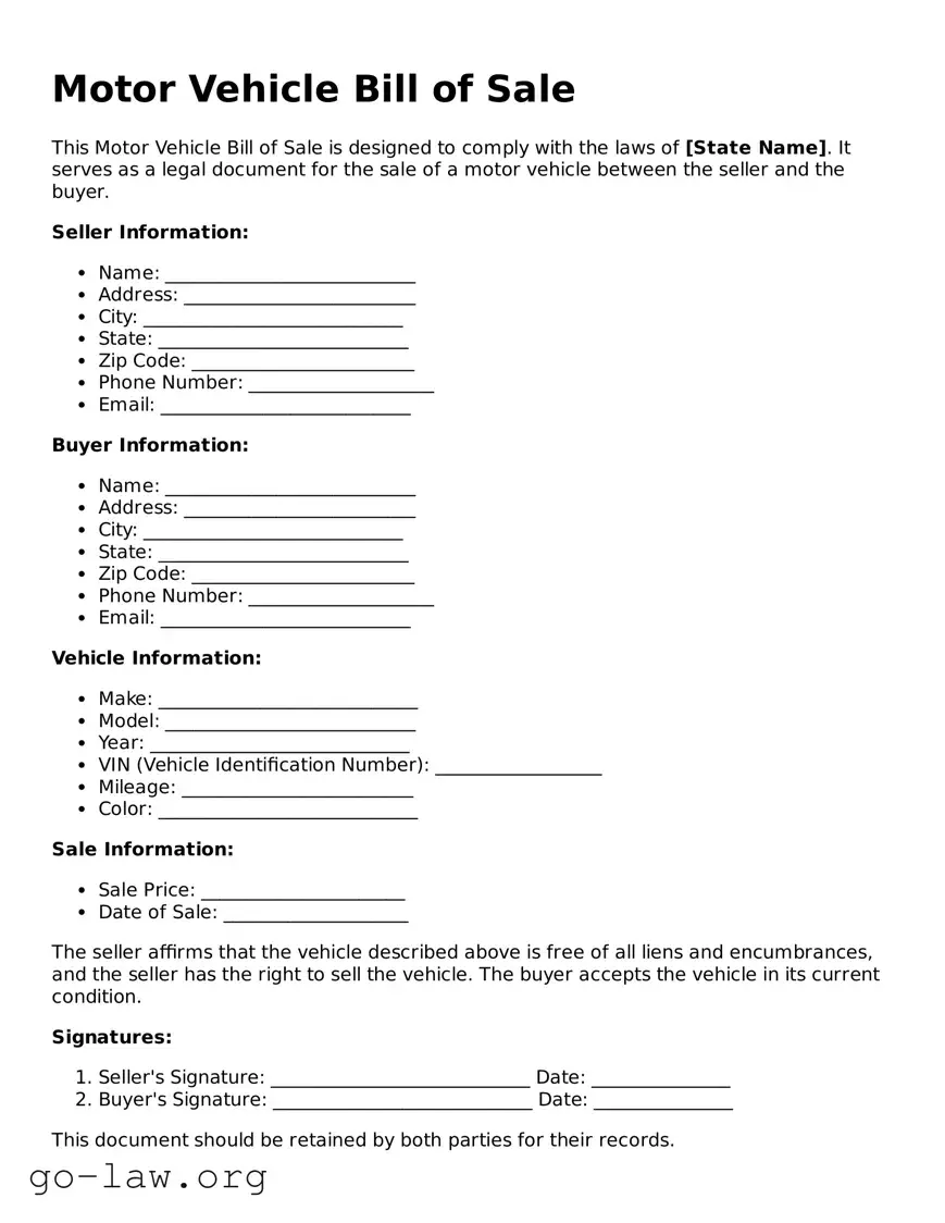 Blank Motor Vehicle Bill of Sale Template